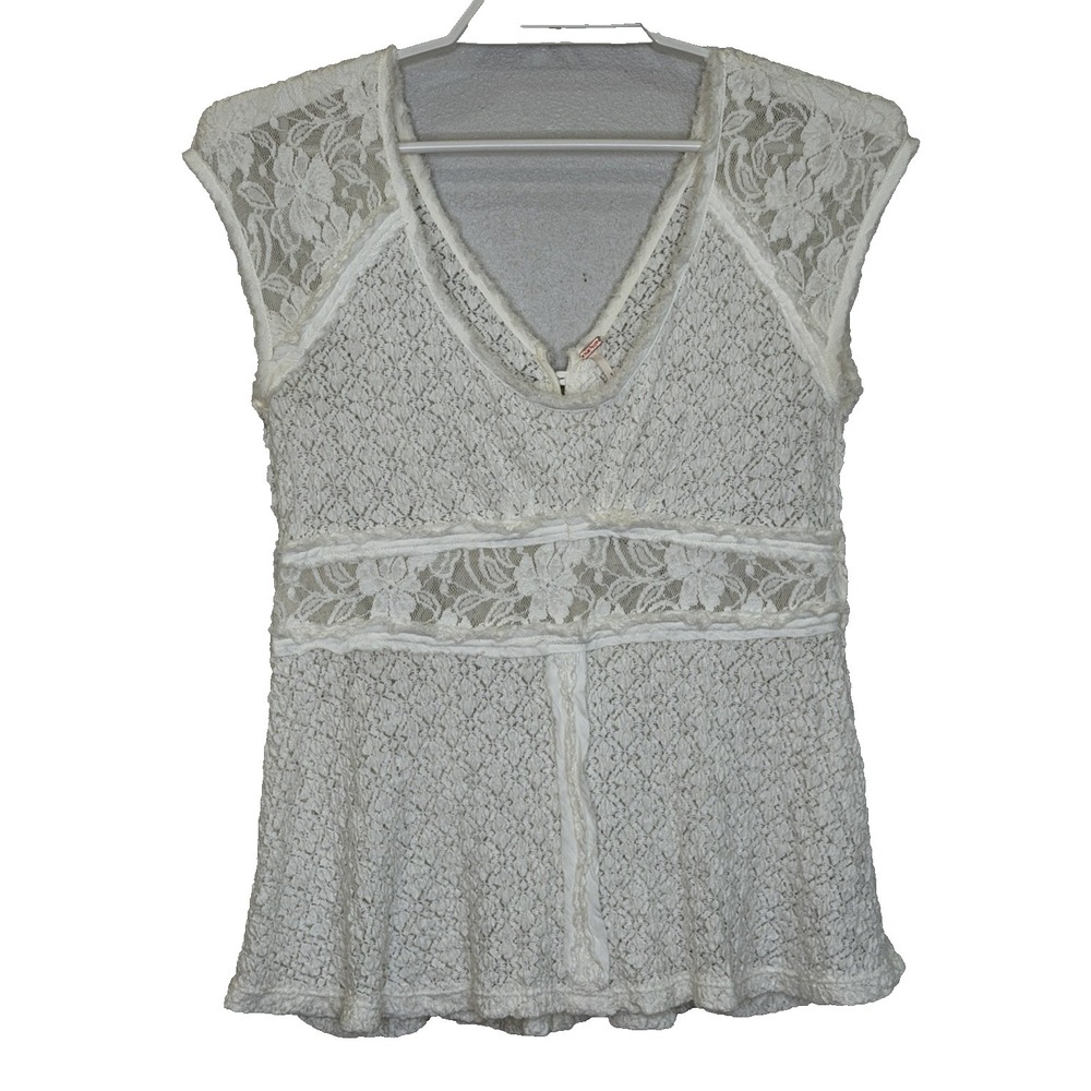 Free People Lacy Top Womens Size Medium Ivory Cap Sleeve V-Neck Crochet Boho